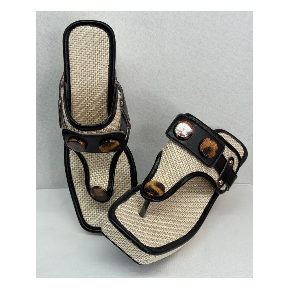 Square Toe Woven T-Strap Thick Wedge Sandal Heels Cream with Black   NWOT (40) 9